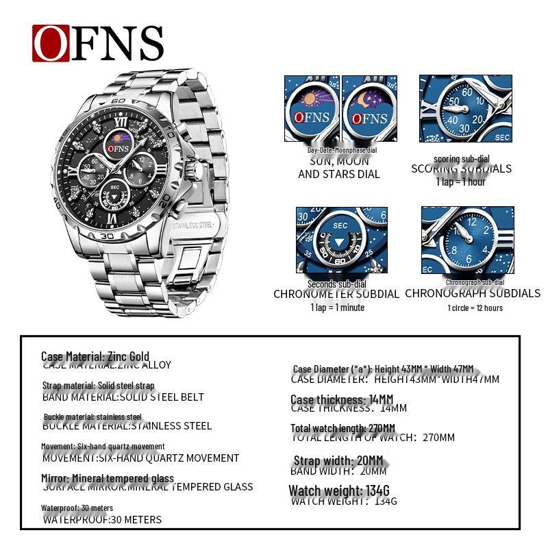 OFNS Men's Six-Hand Multifunctional Waterproof Quartz Watch with Large Dial and Steel Strap