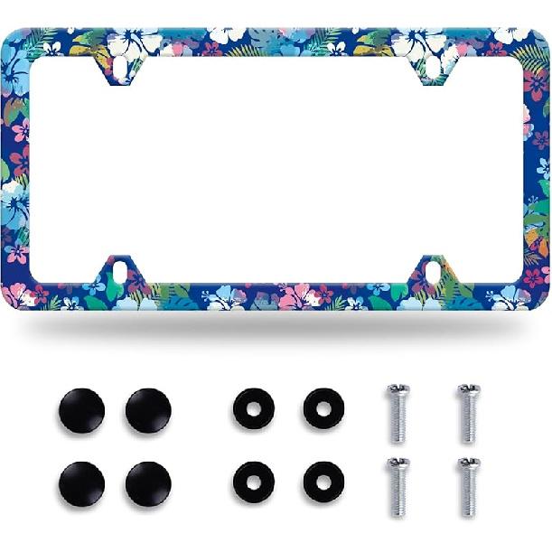 Colorful Flowers License Plate Frame Colorful Wildflower Floral License Plate Frames Stainless Steel Accessories Cars Decor With 4 Holes And Screws