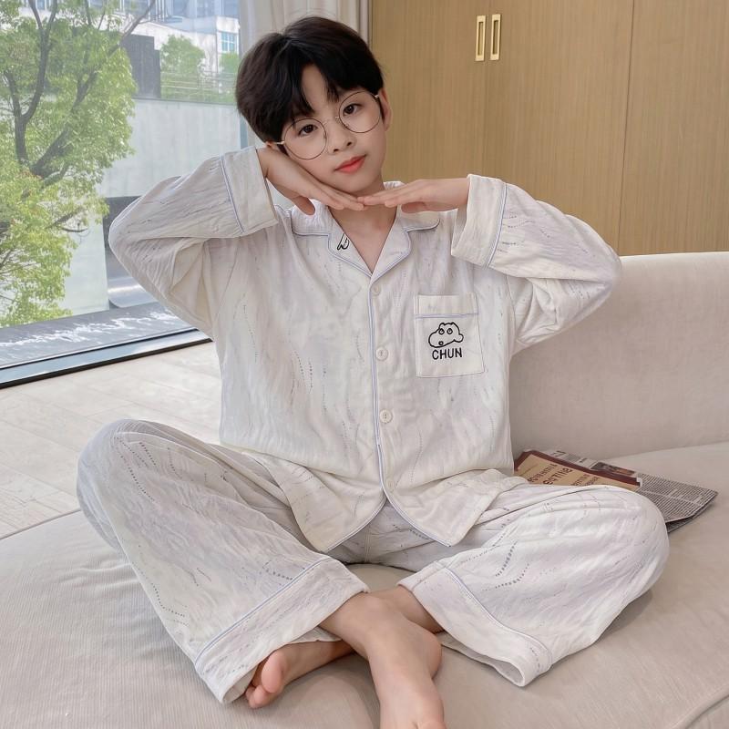 Boys Cotton Pajama Set Long Sleeve Hoodie Sleepwear Kids Teens 2026 Soft Cloud Home Wear