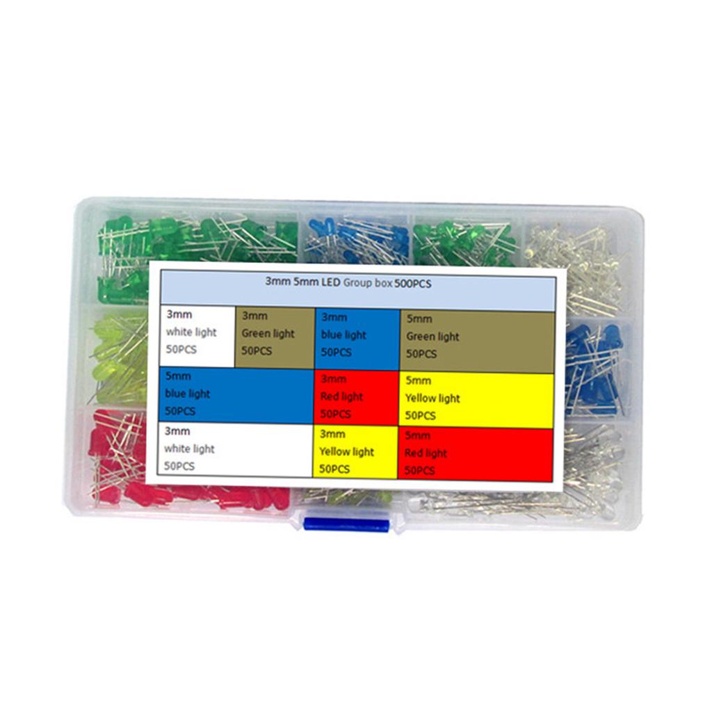 500 Assortment LED Light 3mm 5mm Assorted Kit 5 Colors Practical Electronics
