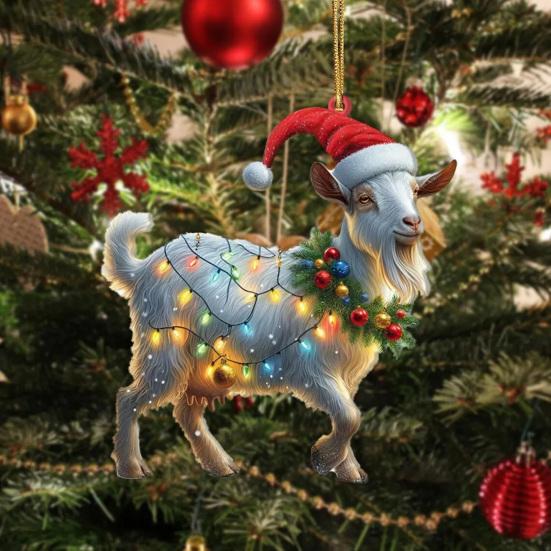 Christmas Ornament Flat 2D Acrylic Lion Wearing Santa Hat Charm Christmas Hanging Ornament with Rope