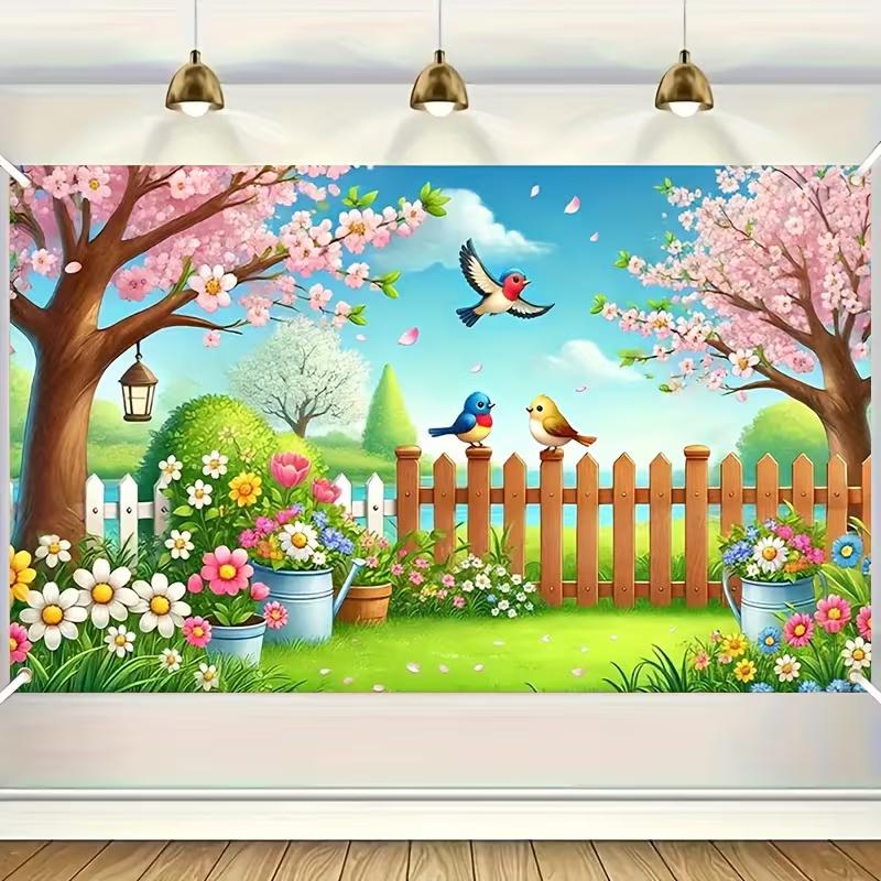 

2D Spring Garden Photography Backdrop Featuring Cherry Blossoms, Colorful Birds & Flowers Banner 47.2x31.5inch/120*80cm