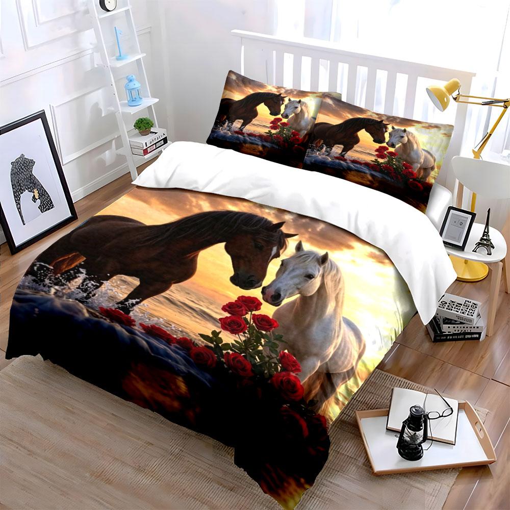 3pc,Soft,Comfortable,Breathable,Horse and Rose Pattern Printed Duvet Cover Set,Suitable for All Seasons,for Bedroom Guest Rooms