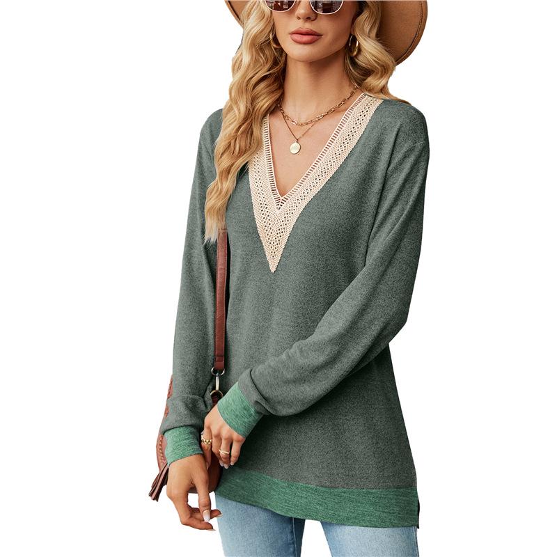

2025 European & American Lace V-neck Color Block Slit Loose Long-sleeved Women s Top Small армія зелений колір