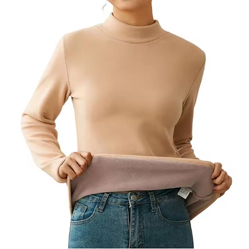 Thicken Thermal Underwear Women Autumn Winter Half High Collar Warm Tops Solid Color Long Sleeve Bottoming Shirt Fleece Pullover