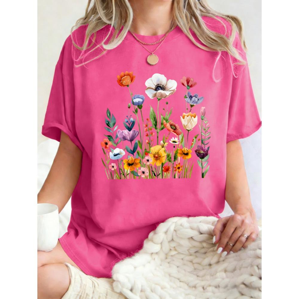Retro Beautiful Wildflowers Flower Clusters Print Womens T Shirts Cotton T-Shirt Summer O-Neck Clothes Loose Sportswear
