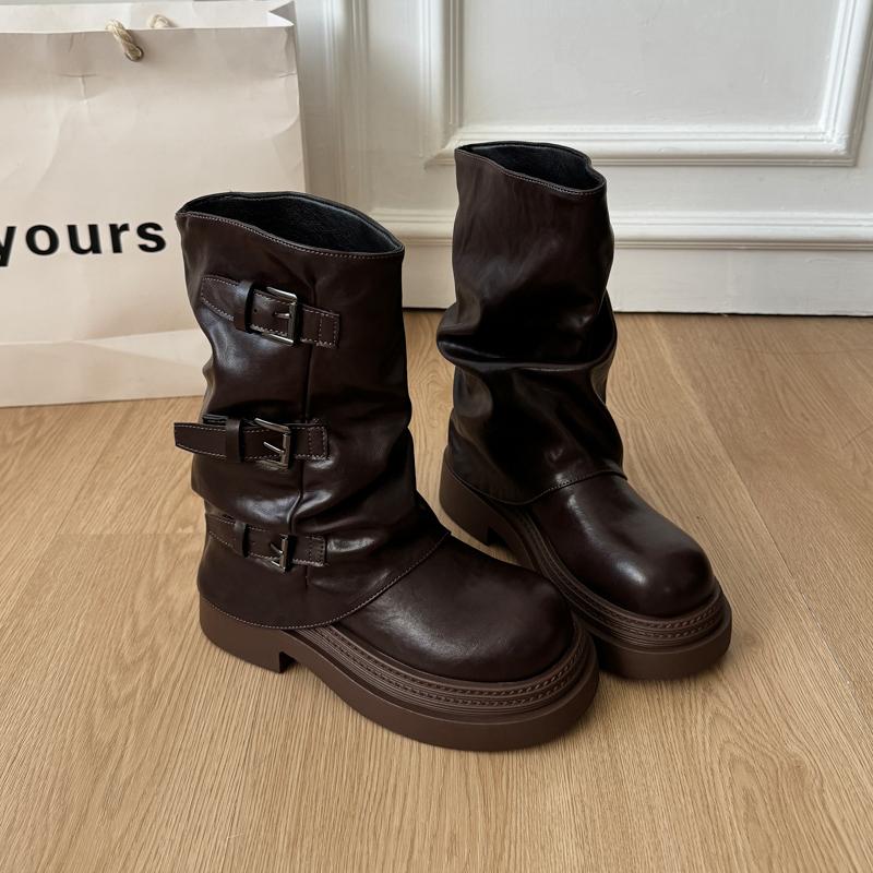 

Fashion Vintage Women Pleated Pipe Boots Design Thick Heel Shoes Autumn Winter Belt Buckle Women S Mid Calf Booties 35