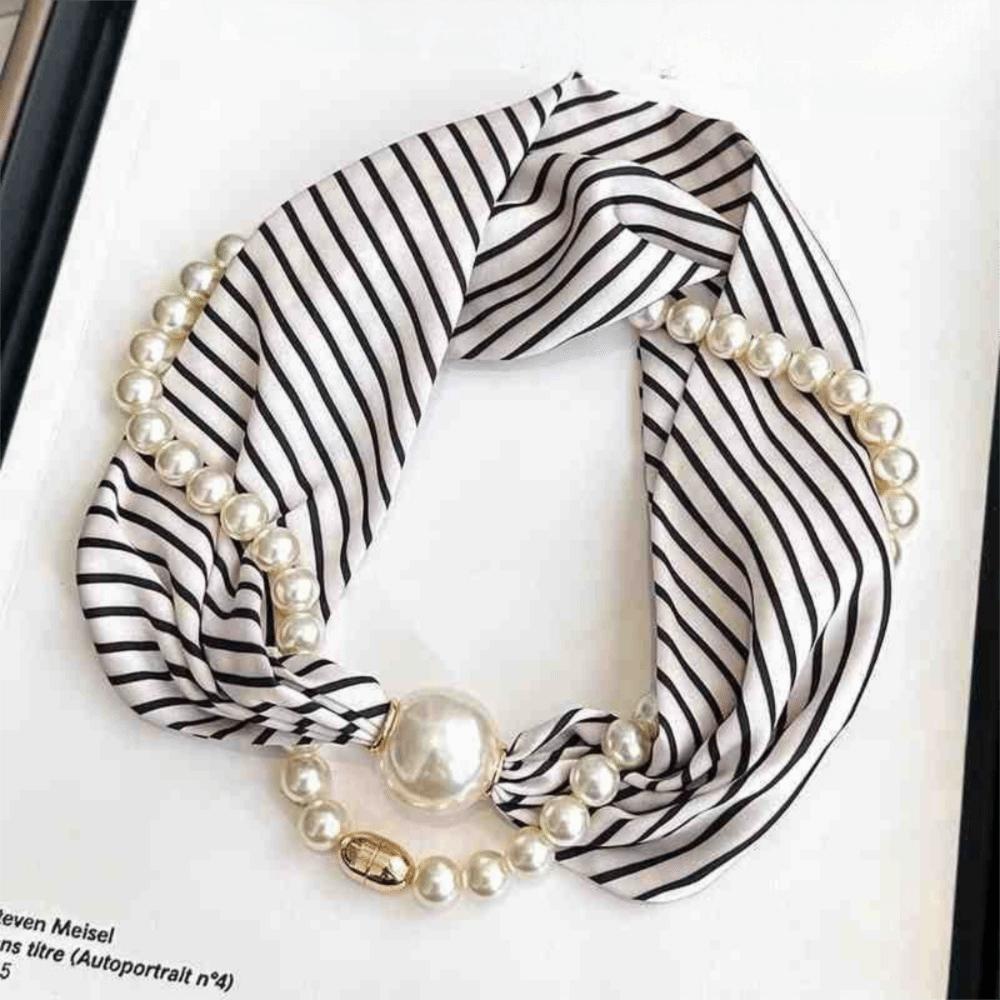 

Elegant Magnetic Buckle Neck Scarf Narrow Thin Satin Scarf Soft with Pearls Chain Necklace Neckerchief