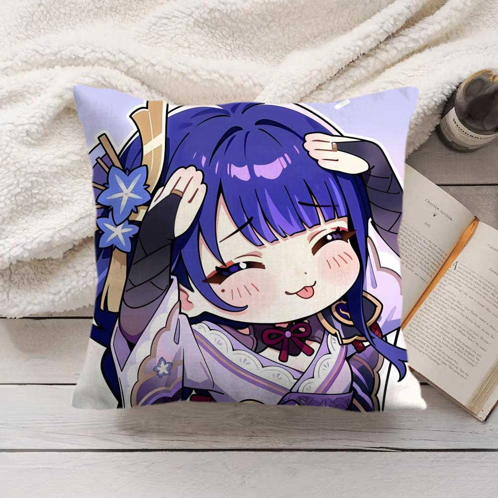 Raiden Shogun Cute Genshin Cushion Cover Silky Short Plush Invisible Zipper Dustproof Sofa Pillow Case For Home Decor