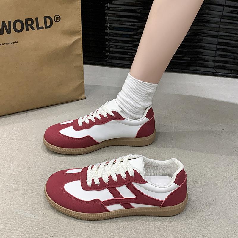 Burgundy German training shoes women's spring new fashion flat-bottomed lace-up casual shoes ins retro low-top board shoes