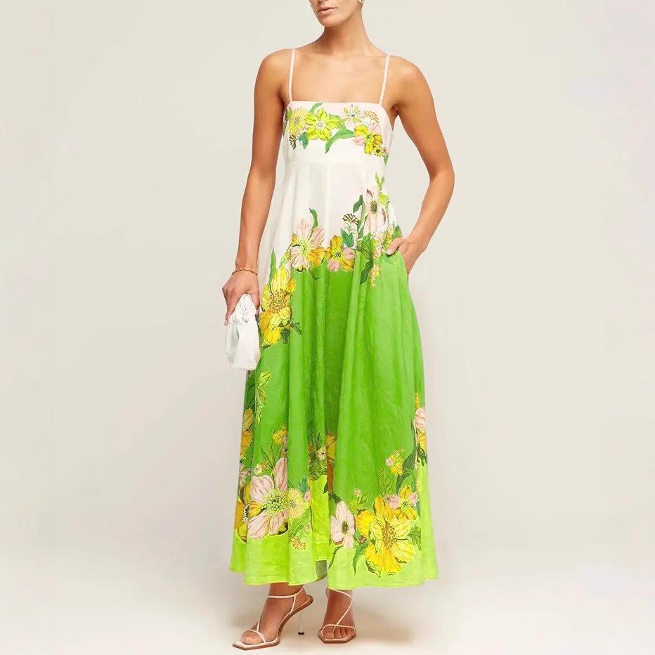 2024 Summer European & American Style Sling Elegant High-Waist Print Casual Dress