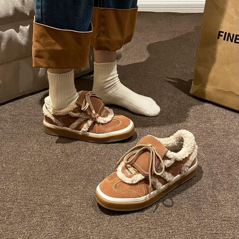 Retro Versatile Lace-up Leather Training Shoes Women's New Lamb Wool Plush Warm Wool Shoes Casual Sports Cotton Shoes
