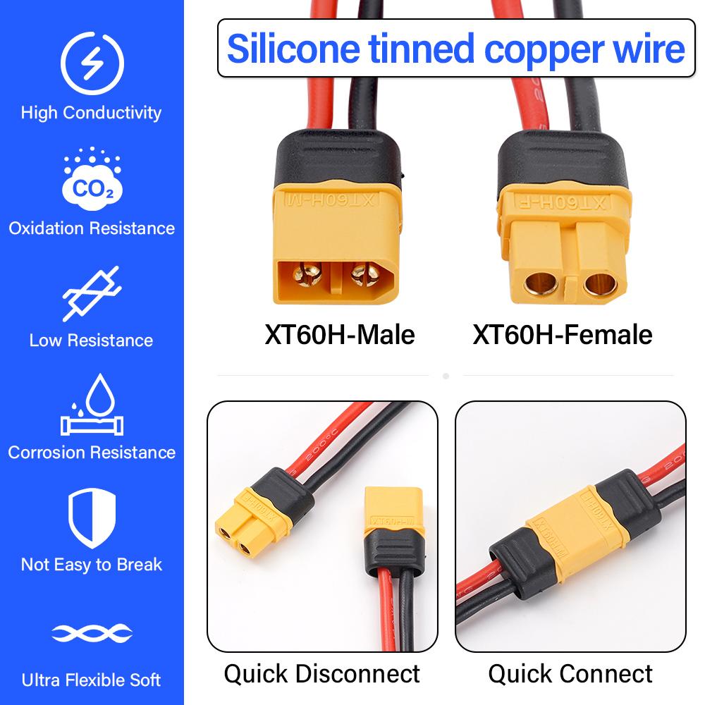 A Piece of 40Cm 14Awg Silica Gel Tinned Copper Xt60H Male/female Plug Connection Silicone Wire Cable For RC Lipo Battery Plug