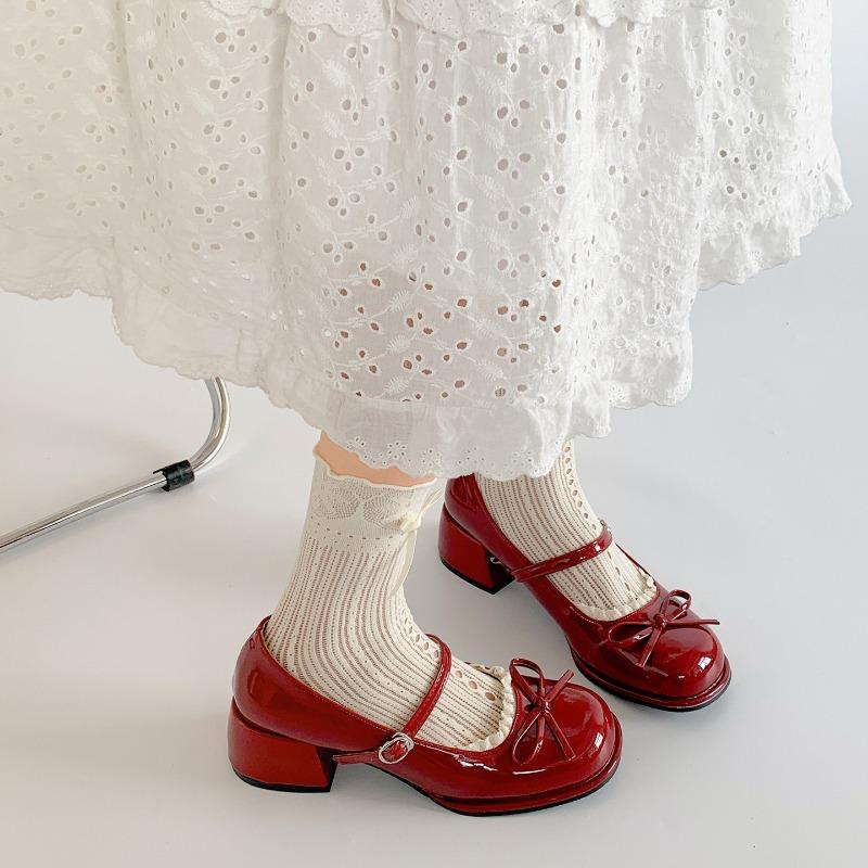 Fashion Red Pumps for Women Spring Autumn Thick Middle Heel Leather Women's Single Shoes Fashion Round Toe Bow Heeled Mary Jane Shoes