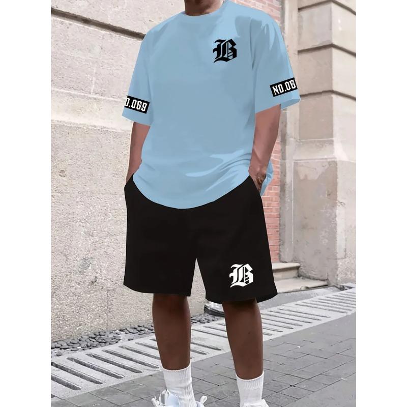 2025 New Summer Men's Letter Printed Comfortable and Breathable Round Neck T-shirt and Shorts Set Solid Color Colo Sportswear