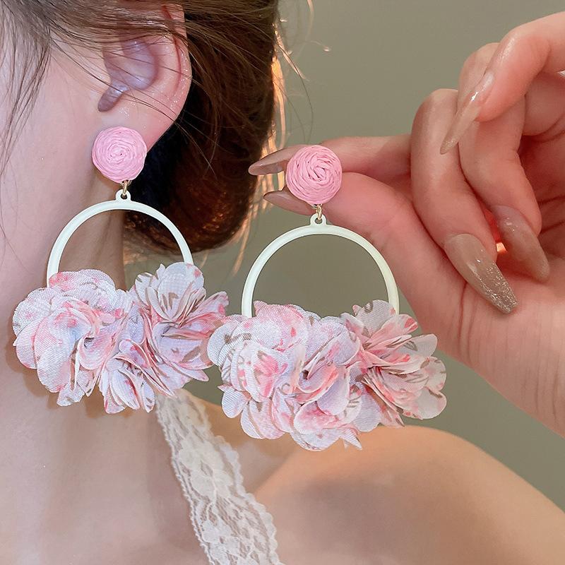 Elegant Statement Lace Organza Cloth Flower Earrings For Woman Korean  Jewelry Party Girl'S Lady Accessories