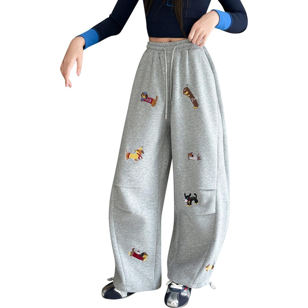 Children's Embroidered Puppy Loose,Fit Bucket,Shaped Sweatpants Casual Elastic Waist Drawstring Unisex Wide,Leg Pants Long Trousers Sweatpants