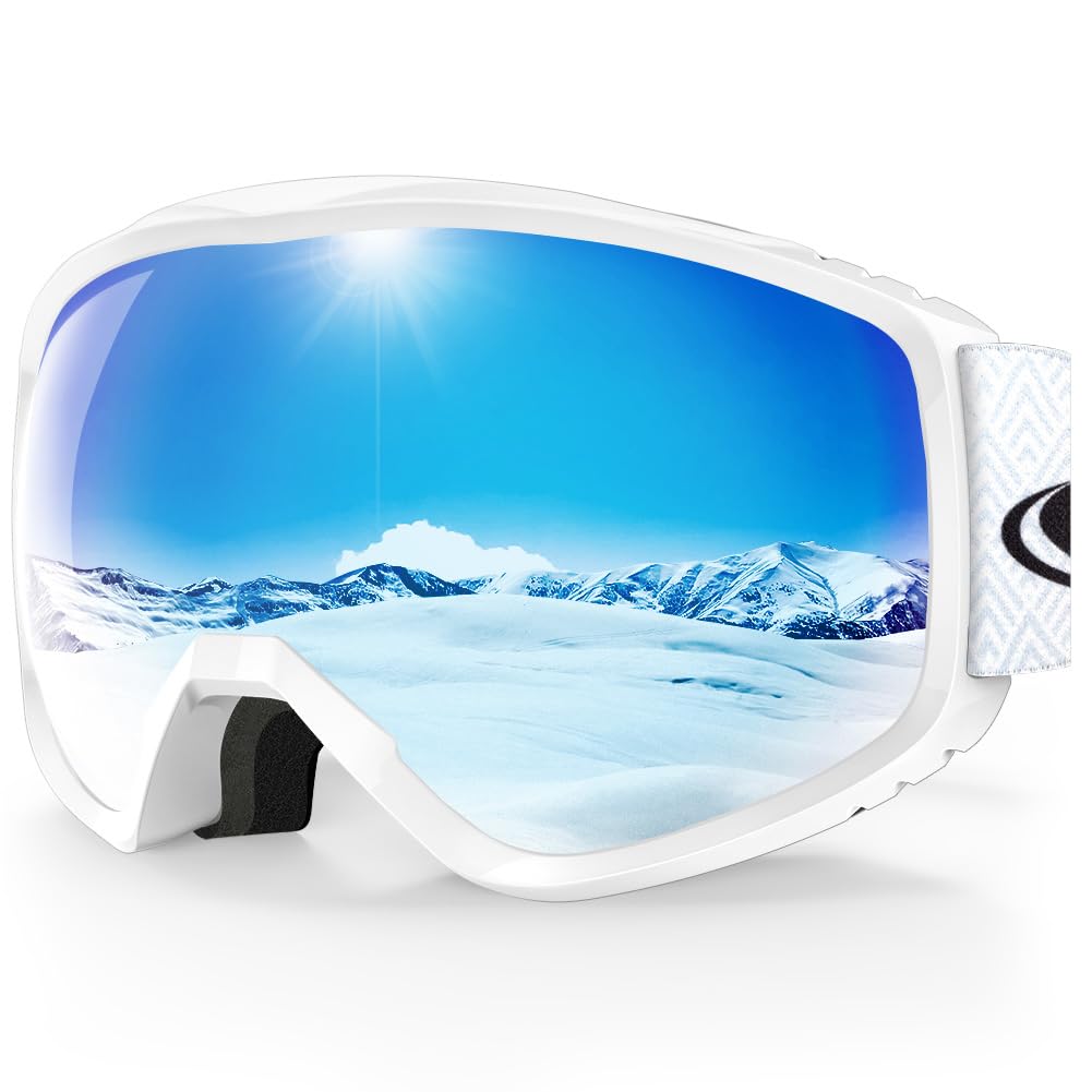 Findway Ski & Snowboard Goggles for Adults, OTG, Anti-Fog Spherical Lens, UV400, Helmet Compatible (White Frame / Sapphire Blue Lens)