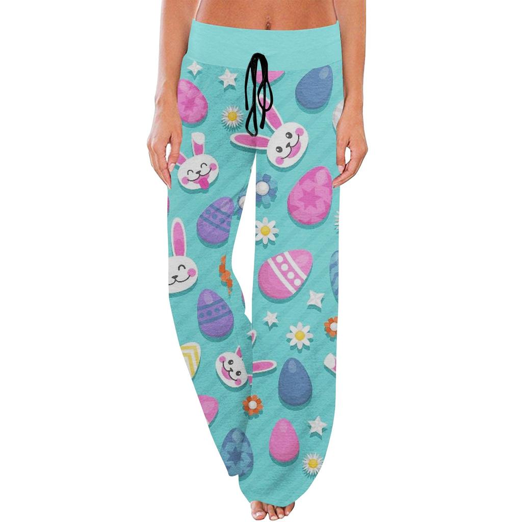 Pantaloni de pijama confortabili de damă, cu imprimeu de Paște, buzunare mici, pantaloni largi cu șnur