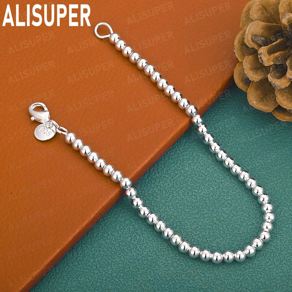 925 Sterling Silver 4mm Beaded Side Chain Bracelet - Elegant Gift Jewelry
