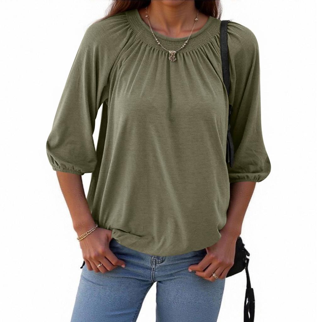 Women's Solid Color Round Neck T-Shirt Shirt Half Sleeve 3/4 Sleeve Casual Loose Pleated Basic Tops