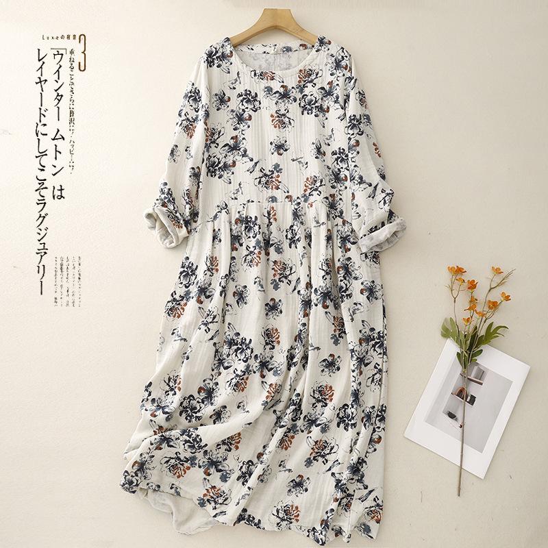 

Xin Xing Cotton Linen Pastoral Print Dress: Soft, Gentle, Loose Fit for Spring and Autumn 2XL [142-150]