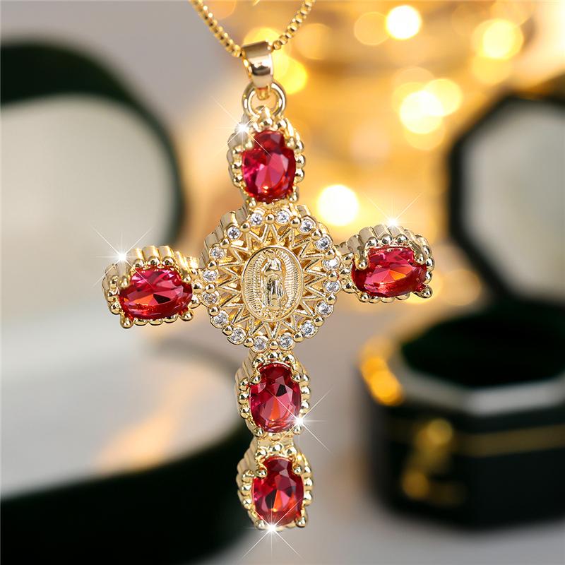 Unique Male Female Crystal Rainbow Zircon Stone Cross Pendant Necklace Cute Gold Color Wedding Jewelry For Women Men