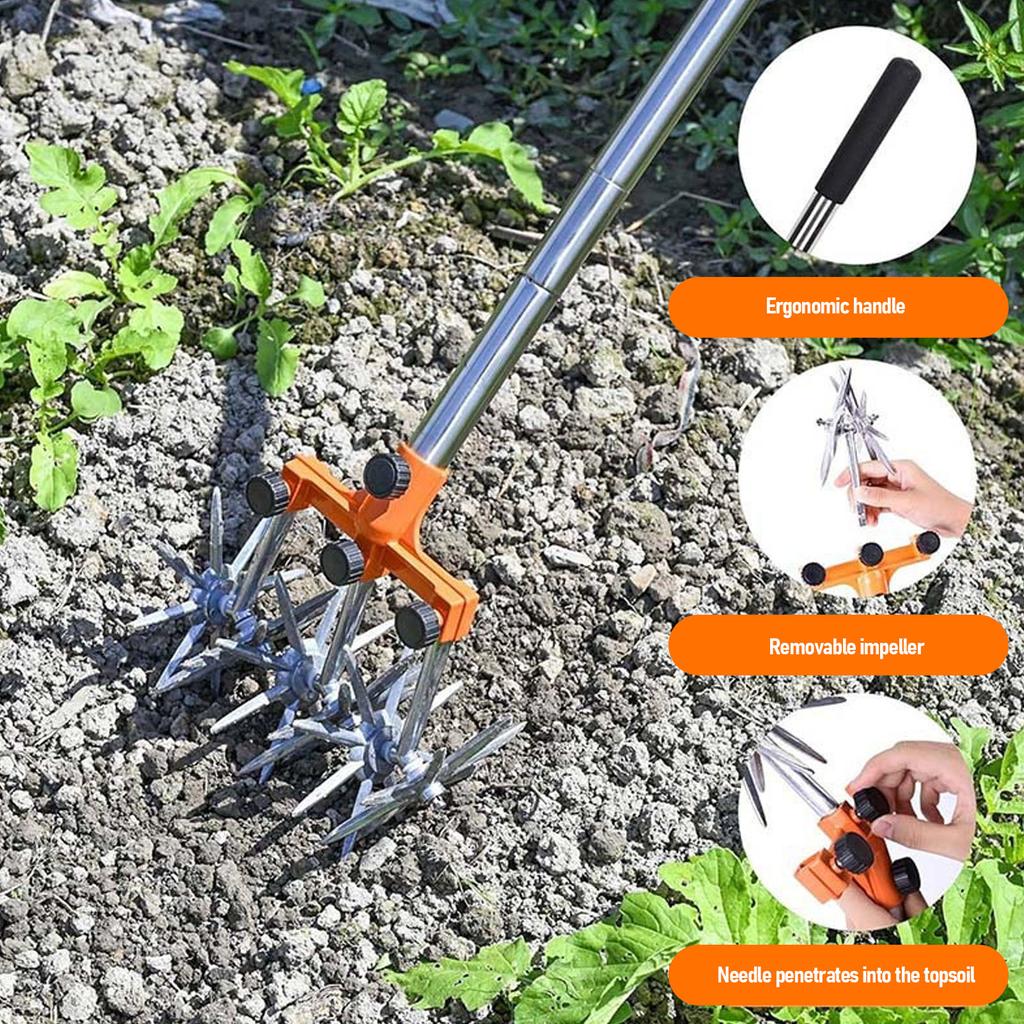 Manual Rotary Cultivator Tool Stainless Steel Teeth Adjustable Handle Garden Hand Tiller for Lawn