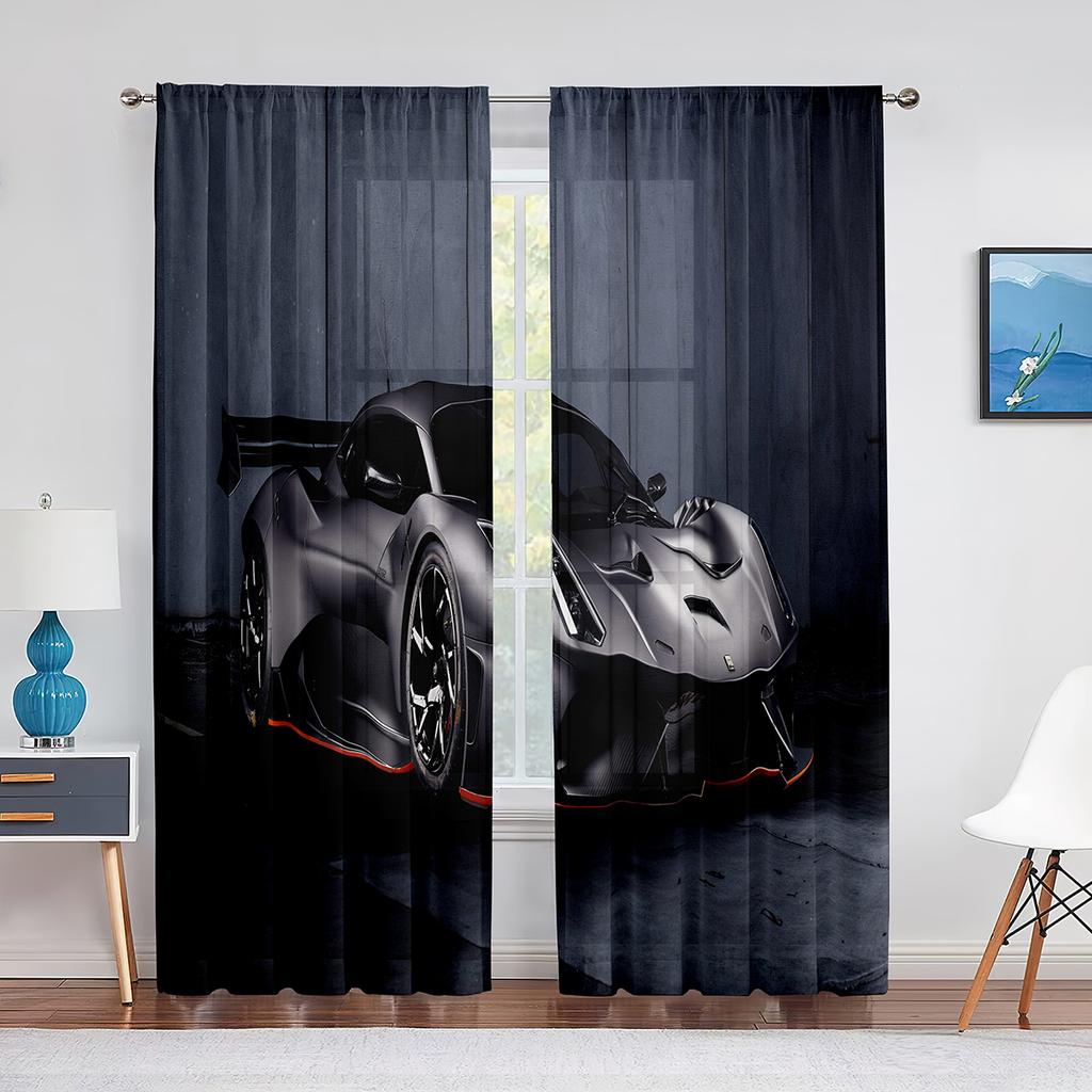 Black Cool Sports Car Movie Print Pattern Modern Boys Drapes Window Curtains for Living Room Bedroom Kitchen 2 Pieces Decor