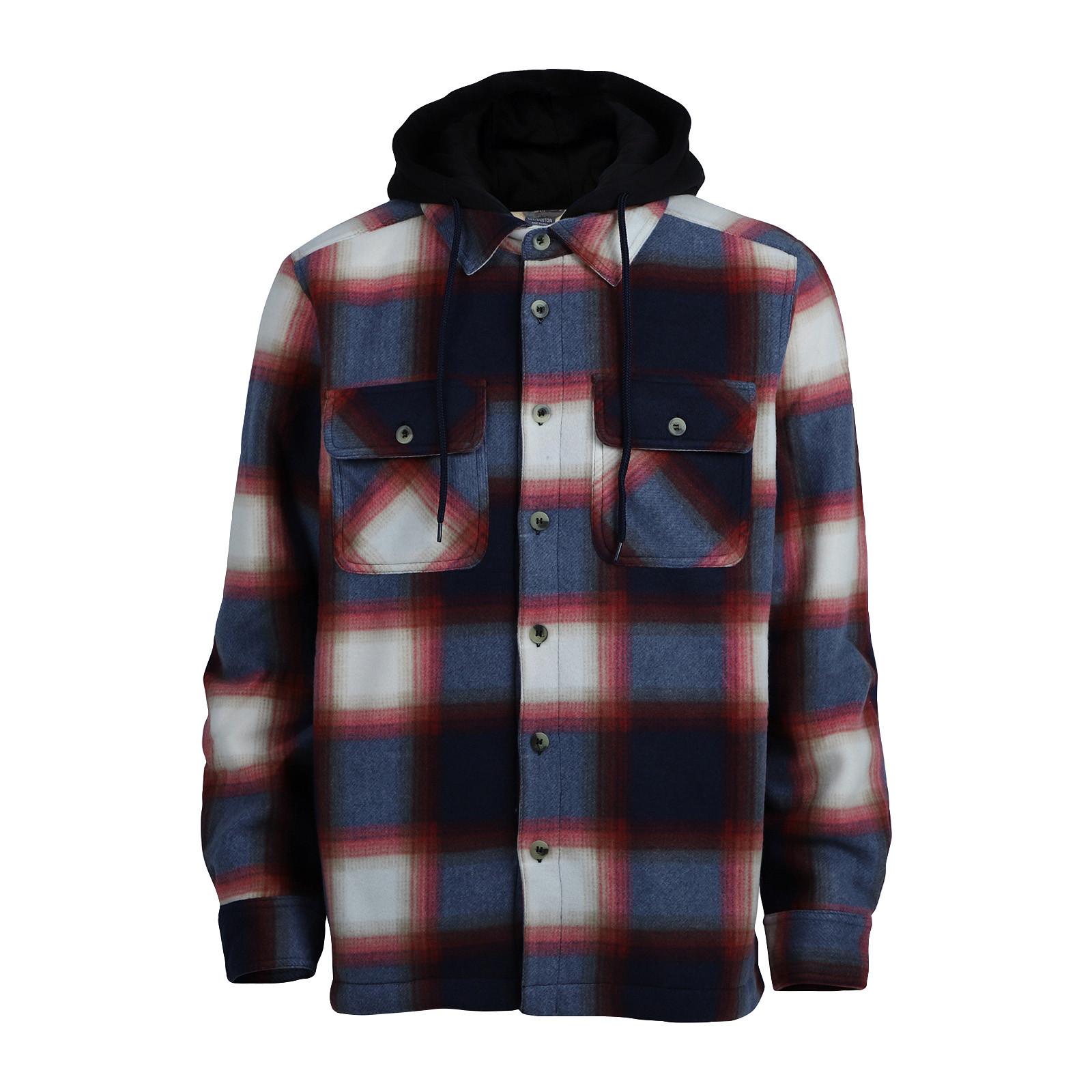 

Мужская клетчатая рубашка с длинным рукавом, мужская толстовка с капюшоном и карманами на пуговицах XL тёмно-синий