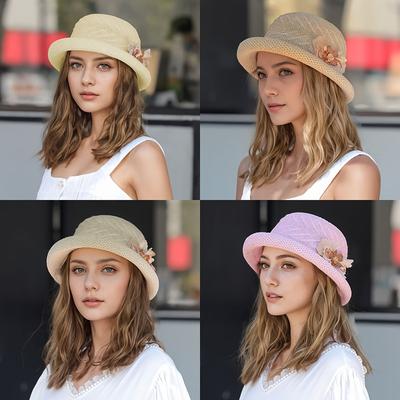 New Woven Hat Basin Hat Sun Hat Bow Fisherman Hat Sunshade Women's UV Resistant Summer Sun Hat