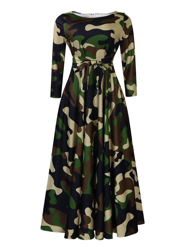 Women's 2024 Spring Lace-up Print African Plus Size Midi Dress