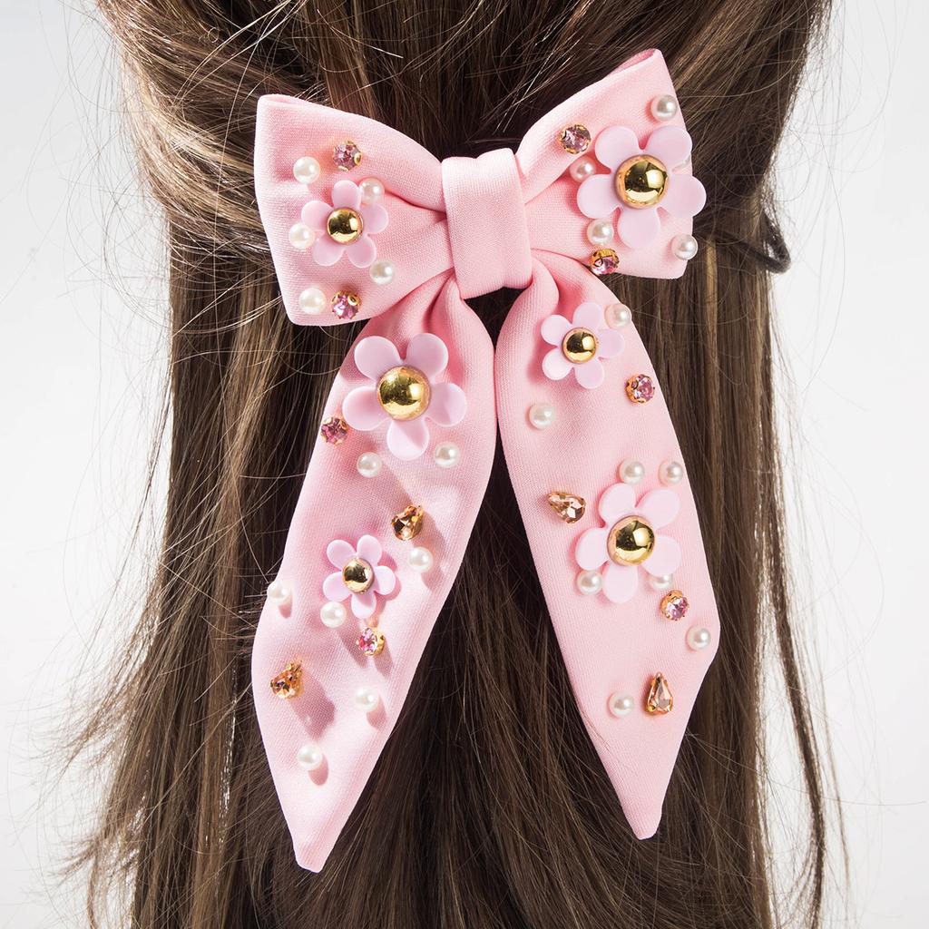 Sweet Pastoral Style Bows With Tiny Flower Appliques Colorful Bead Decorations Long Ribbon For Princess Fairy Hair Styling
