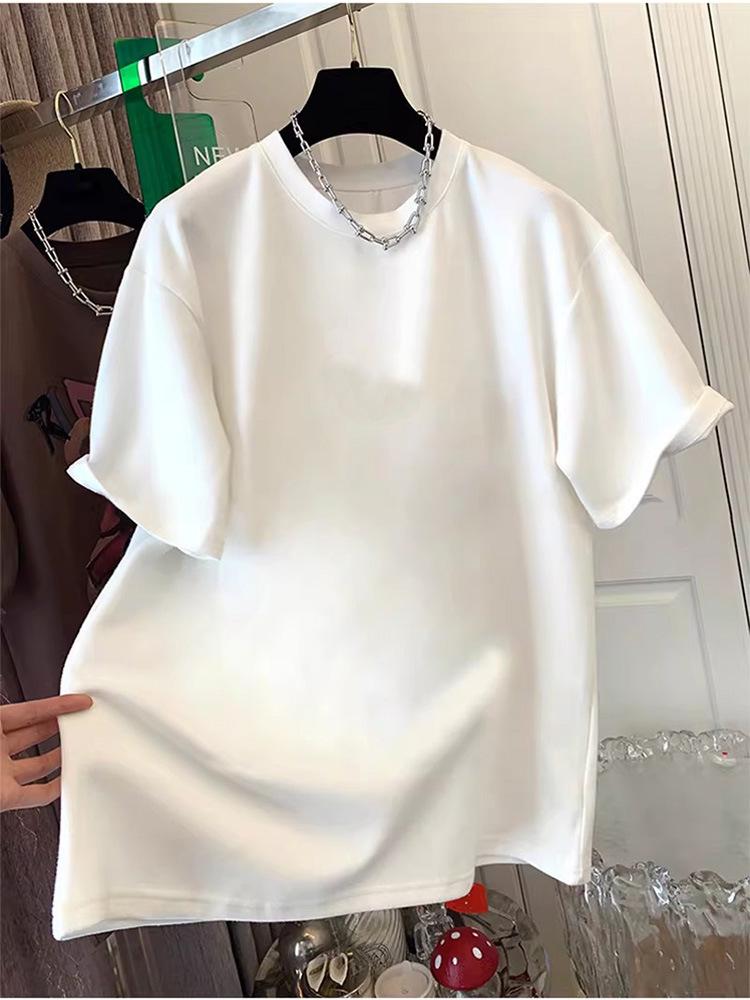 2026 Spring/Autumn Women's Loose Fit Thickened Pure Cotton Round Neck Short Sleeve Mid-Length T-Shirt