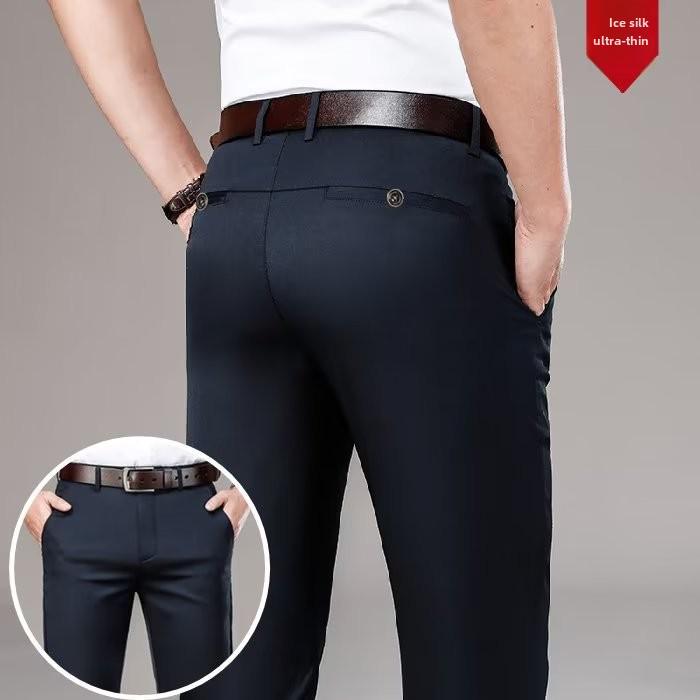

Мужские летние легкие повседневные деловые брюки - прямые, свободные брюки Ice Silk для мужчин среднего возраста 36 темно-синий