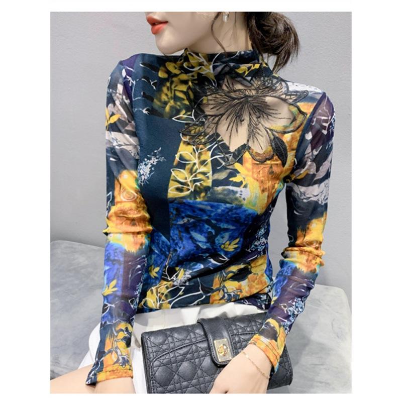 Mesh Hollow Short-sleeved T-shirt for Women's Spring and Autumn New Base Shirt Printed Top Sexy Half Turtleneck Shirt