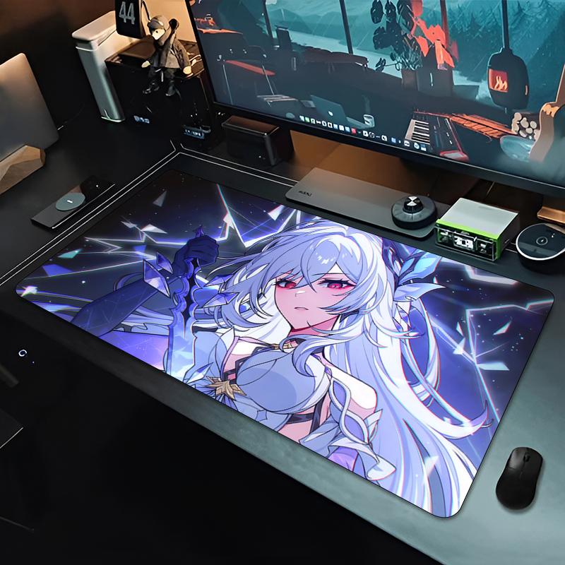 Gaming Mouse Pad Desk Mat Antislip Rubber Base Stitched Edges White Hair Anime Girl Print Extended Keyboard Pad for Gamers