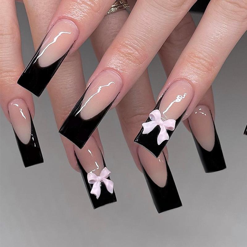 24Pcs White French Tip False Nails Long Ballerina Coffin Shape With Butterfly And Pearl Decor Full Cover Press On Nail Tips