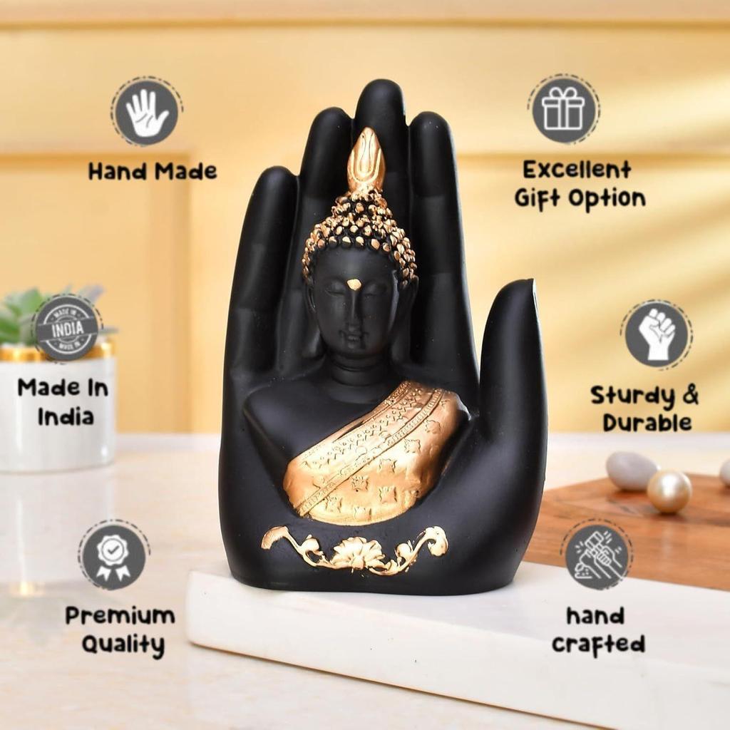 Golden Handcrafted Palm Buddha Idol for Home,Office and Gifts - Palm Buddha Hand Statues for Living Room Mandir