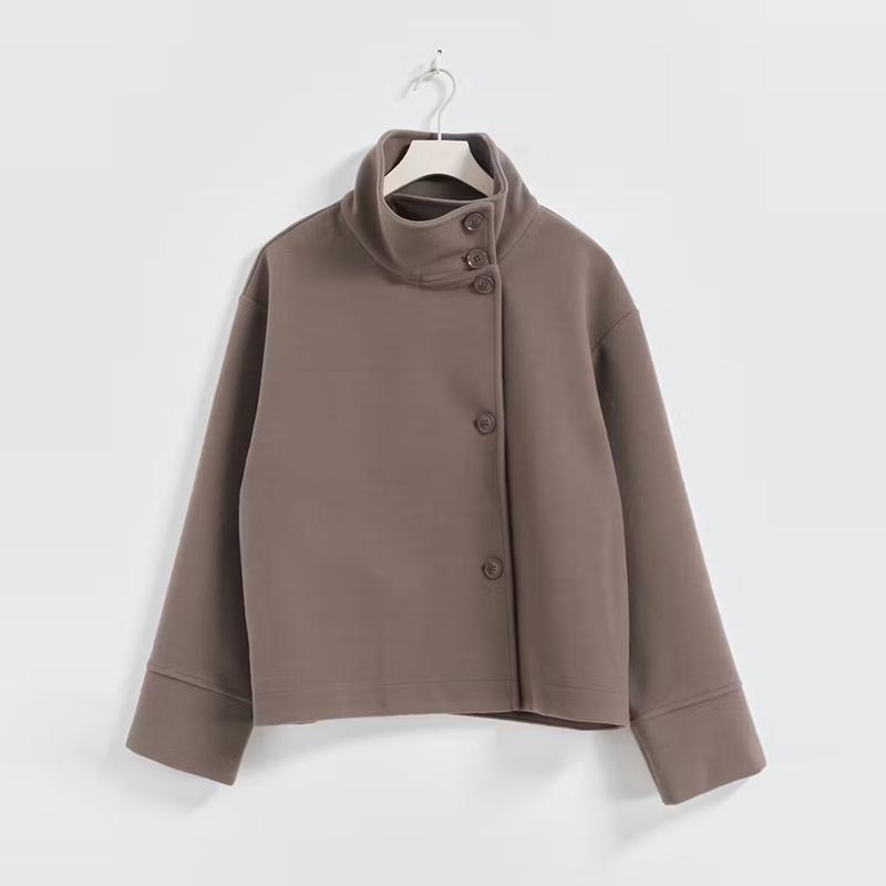 2025 Autumn Jackets Women Casual Loose Stand Neck Long Sleeve Single Breast Short Jacket Fashion Solid Lady Warm Outwear
