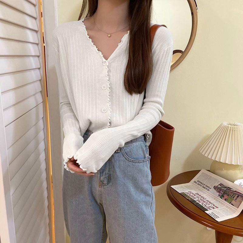 Large Size Women's Spring and Autumn Knitted Cardigan, White Bottoming Shirt, Long-sleeved Versatile Fat Mm Belly-covered V-neck Shirt
