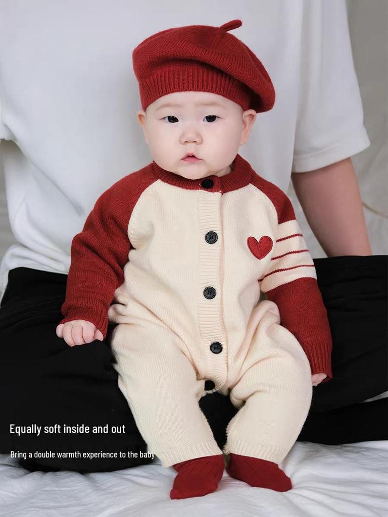 Autumn Korean Style Baby Boy Knitted Romper - Fashionable Infant Sweater Suit for Crawling