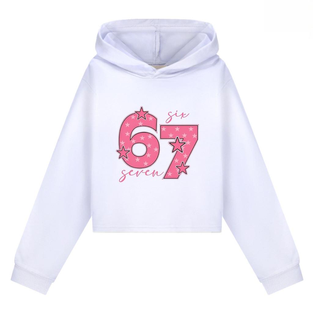 5291 Barnflickor Steal a Brainrot 67 Mönstrade Casual Långärmade Korta Hoodies