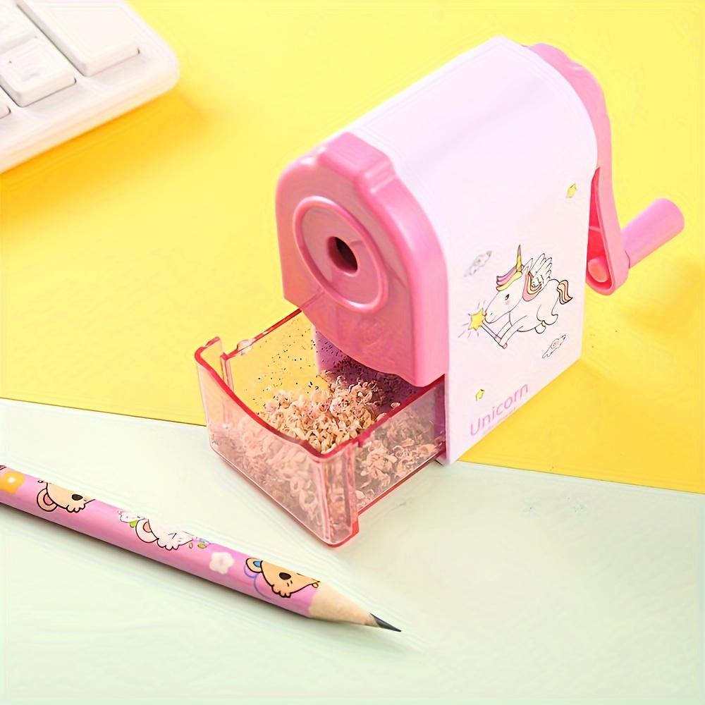 Sacapuntas de unicornio rosa, sacapuntas manual de gran agujero, material escolar, cortador de lápices con alimentación automática y manivela
