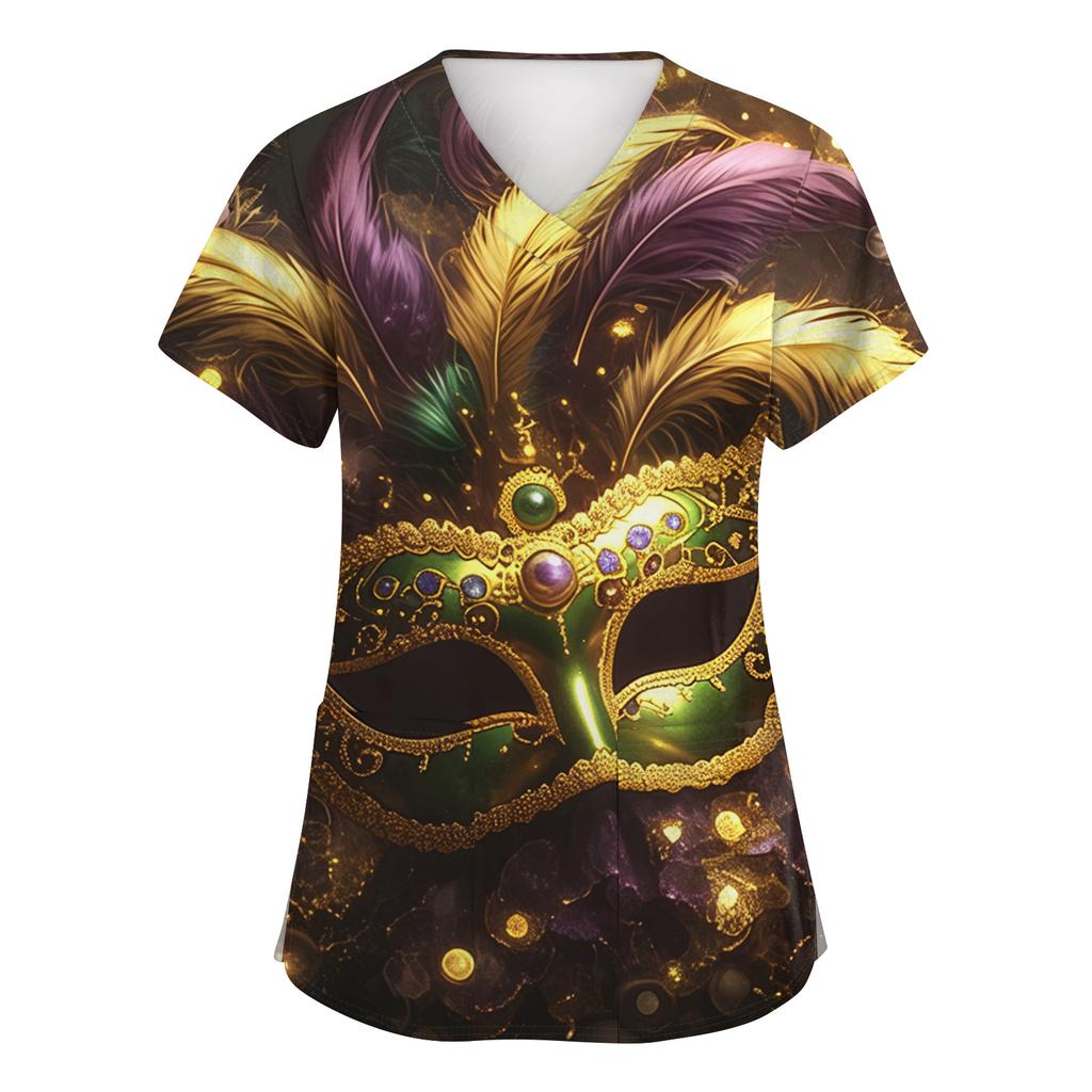 Women's Fashion Short-Sleeve Carnival Print V-Neck Pocket Workwear Top