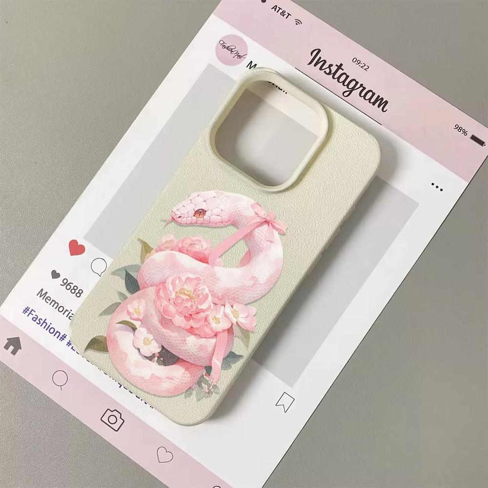 

Pink Snake Floral Bow Print Phone Case For iPhone 17 Pro Max 16 Plus 15 Pro 14 13 12 11 XR 17Air Lychee Textur Soft Cover iPhone XS Max білий