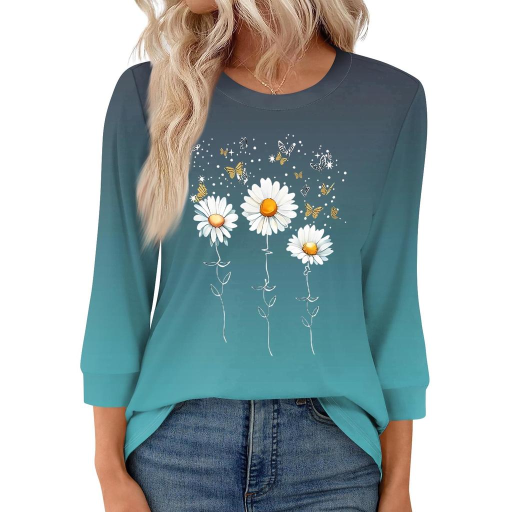 Women's Fashion Casual Round Neck 3/4 Sleeve Loose  Printed T-Shirt Ladies Top