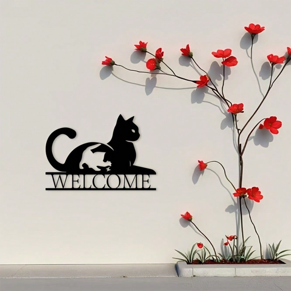 Modern Cat Welcome Sign Metal Wall Art Black Iron Plaque Pet Lovers Gift Housewarming