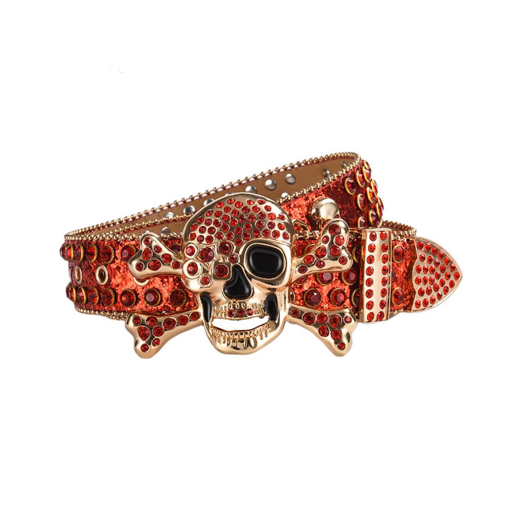 Adult Sequins Belt for Disco Party Waist Belt Rhinestones Skull Buckle Thin Waist Belt Street Cultures Enthusiasts Belt