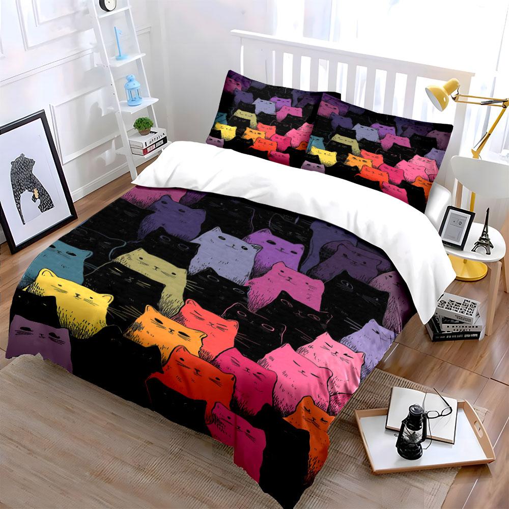 Colorful Cat Pattern Design Bedding Duvet Cover Set Duvet Cover Pillowcases (1*Duvet Cover 2*Pillowcases, Without Duvet Insert)